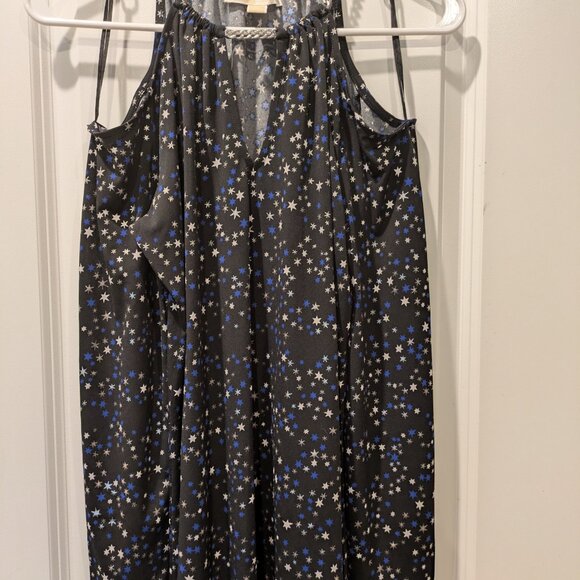 Michael Kors black top with white and blue star patterns and a silver chain on t - Picture 3 of 5